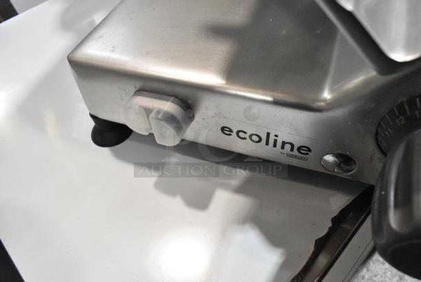 BRAND NEW SCRATCH AND DENT! 2024 Hobart Ecoline ECO12 Stainless Steel Commercial Countertop Meat Slicer w/ Blade Sharpener. 115 Volts, 1 Phase. Tested and Working But Needs Blade Guard Replaced To Turn The Cutting Wheel - Image 3 of 5