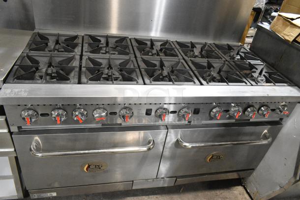 BRAND NEW SCRATCH AND DENT! 2024 Cooking Performance Group CPG 351CC60N Stainless Steel Commercial Floor Style Natural Gas Powered 10 Burner Range w/ 2 CONVECTION Ovens, Over Shelf and Back Splash. 364,000 BTU. - Image 2 of 10