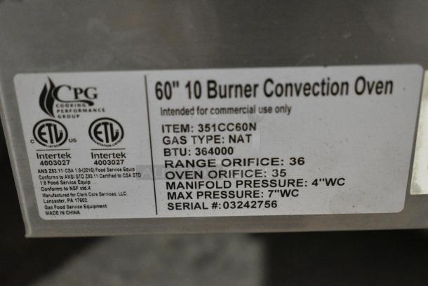 BRAND NEW SCRATCH AND DENT! 2024 Cooking Performance Group CPG 351CC60N Stainless Steel Commercial Floor Style Natural Gas Powered 10 Burner Range w/ 2 CONVECTION Ovens, Over Shelf and Back Splash. 364,000 BTU. - Image 4 of 10