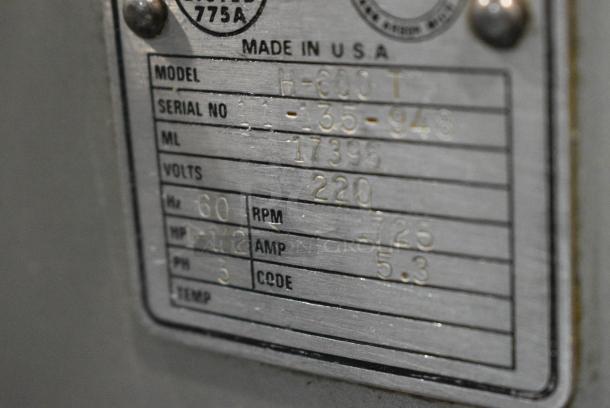 Hobart H-600 T Metal Commercial Floor Style 60 Quart Planetary Dough Mixer w/ Stainless Steel Mixing Bowl, Paddle and Whisk Attachments. 220 Volts, 3 Phase. - Image 4 of 4