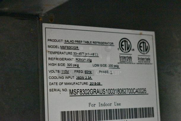 2018 Atosa MSF8302GR Stainless Steel Commercial Sandwich Salad Prep Table Bain Marie Mega Top w/ Over Shelves on Commercial Casters. 115 Volts, 1 Phase. Tested and Working! - Image 3 of 6