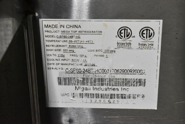 2017 Migali C-SP60-24BT-HC Stainless Steel Commercial Sandwich Salad Prep Table Bain Marie Mega Top on Commercial Casters. 115 Volts, 1 Phase. Tested and Powers On But Does Not Get Cold - Image 3 of 5