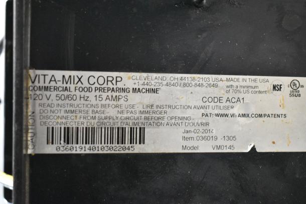 Vita-Mix VM0145 Metal Commercial Countertop Blender w/ Clear Poly Dome Cover. 120 Volts, 1 Phase. Tested and Powers On But Parts Do Not Move - Image 2 of 4