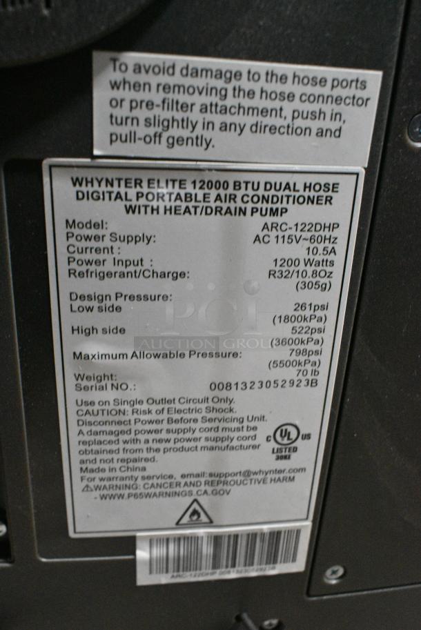 BRAND NEW SCRATCH AND DENT! Whynter ARC-122DHP Elite 12000 BTU Dual Hose Portable Air Conditioner and Heater. 115 Volts, 1 Phase. Tested and Working! - Image 8 of 8