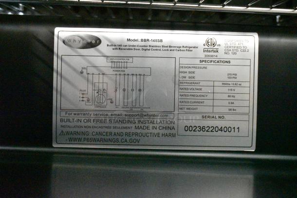 BRAND NEW SCRATCH AND DENT! Whynter BBR-148SB Stainless Steel Commercial Merchandiser. 115 Volts, 1 Phase. Tested and Working! - Image 4 of 4