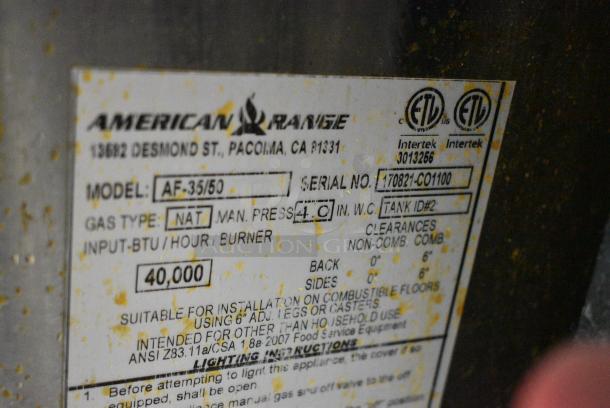 American Range AF-35/50 Stainless Steel Commercial Floor Style Natural Gas Powered Deep Fat Fryer w/ 2 Metal Fry Baskets and 2 Side Splash Guards on Commercial Casters. 40,000 BTU. - Image 6 of 6