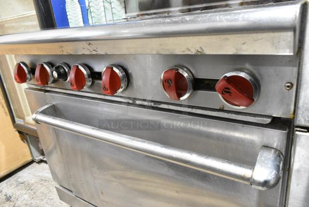 Stainless Steel Commercial Natural Gas Powered 6 Burner Range w/ Oven, Over Shelf and Back Splash on Commercial Casters. - Image 3 of 9