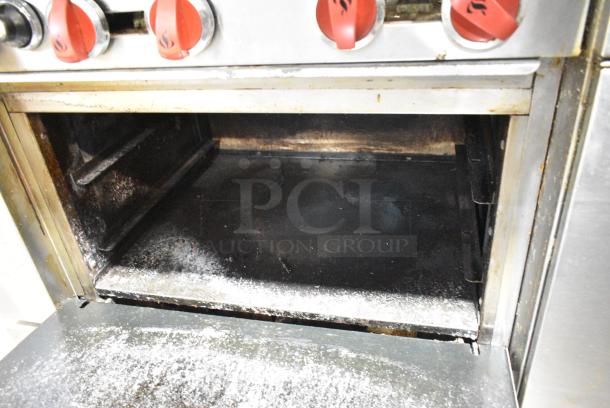 Stainless Steel Commercial Natural Gas Powered 6 Burner Range w/ Oven, Over Shelf and Back Splash on Commercial Casters. - Image 4 of 9