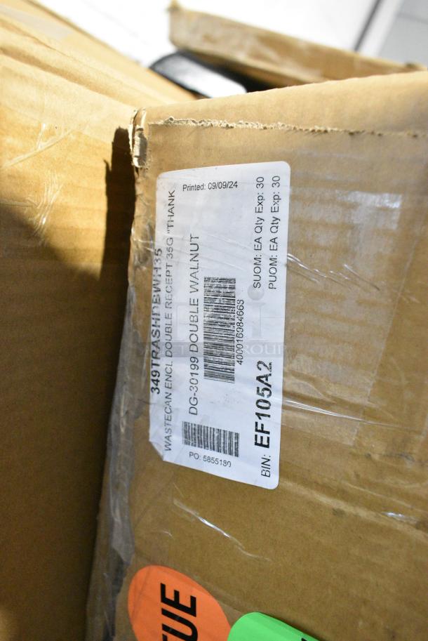 BRAND NEW SCRATCH AND DENT! Lancaster Table & Seating 349TRASHDBWH35  Waste 50 Gallon Walnut Double Receptacle Enclosure with "THANK YOU" Swing Doors - Image 2 of 2