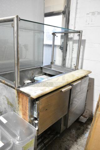 2016 Leader LM48 S/C Stainless Steel Commercial Prep Table w/ Sneeze Guard on Commercial Casters. 115 Volts, 1 Phase. Tested and Working!