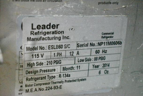 Leader ESLB60 S/C Stainless Steel Commercial 2 Door Undercounter Cooler on Commercial Casters. 115 Volts, 1 Phase. Tested and Powers On But Does Not Get Cold - Image 6 of 6