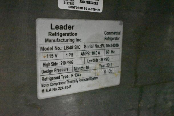Leader LB48 S/C Stainless Steel Commercial 2 Door Undercounter Cooler on Commercial Casters. 115 Volts, 1 Phase. Tested and Powers On But Does Not Get Cold - Image 5 of 5