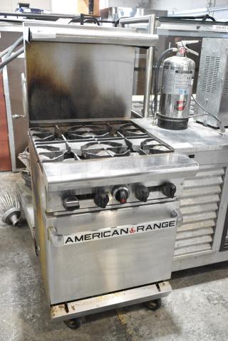 American Range Stainless Steel Commercial Natural Gas Powered 4 Burner Range w/ Oven, Over Shelf and Back Splash on Commercial Casters.