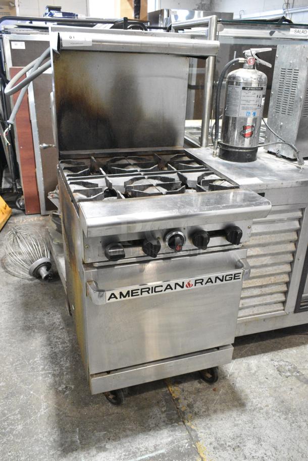 American Range Stainless Steel Commercial Natural Gas Powered 4 Burner Range w/ Oven, Over Shelf and Back Splash on Commercial Casters. - Image 8 of 13