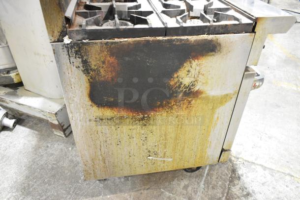 American Range Stainless Steel Commercial Natural Gas Powered 4 Burner Range w/ Oven, Over Shelf and Back Splash on Commercial Casters. - Image 12 of 13