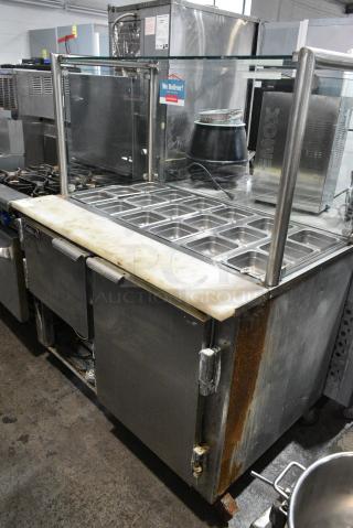 2016 Leader LM48 S/C Stainless Steel Commercial Prep Table w/ Sneeze Guard on Commercial Casters. 115 Volts, 1 Phase. Cannot Test Due To Cut Power Cord