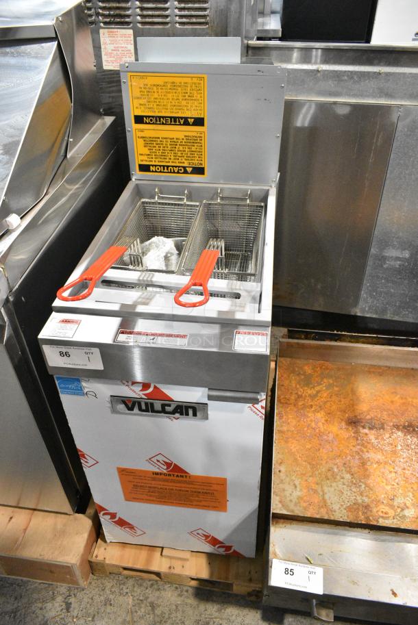 BRAND NEW! Vulcan 1VEG35M-1 Stainless Steel Commercial Floor Style Natural Gas Powered Deep Fat Fryer w/ 2 Metal Fry Baskets. 70,000 BTU. - Image 1 of 8