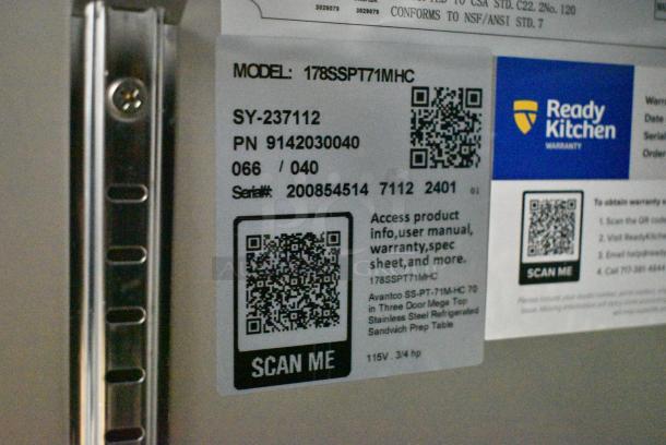 BRAND NEW! 2024 Avantco 178SSPT71MHC Stainless Steel Commercial Sandwich Salad Prep Table Bain Marie Mega Top. 115 Volts, 1 Phase. Tested and Working! - Image 7 of 7