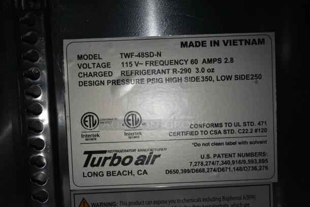 BRAND NEW SCRATCH AND DENT! Turbo Air TWF-48SD-N Stainless Steel Commercial 2 Door Work Top Freezer on Commercial Casters. 115 Volts, 1 Phase. Tested and Working! - Image 6 of 6
