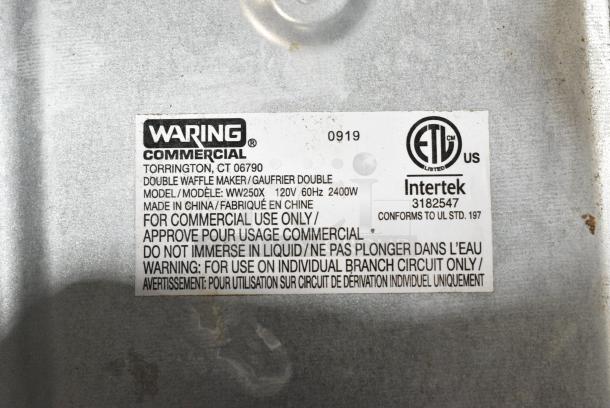 Waring WW250X Metal Commercial Countertop Double Belgian Waffle Maker. 120 Volts, 1 Phase. Tested and Working! - Image 7 of 7