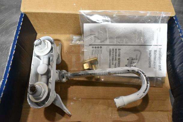 BRAND NEW SCRATCH AND DENT! 5101532XN5CR T&S B-1115-132XN5CR Wall Mounted Workboard Faucet with 2 7/8" Gooseneck Spout, 4" Centers, .5 GPM Non-Aerated Spray Device, Cerama Cartridges, and Lever Handles - Image 1 of 3