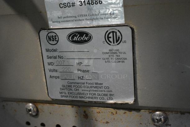 Globe SP60 Metal Commercial Floor Style 60 Quart Planetary Dough Mixer w/ Stainless Steel Mixing Bowl, Bowl Guard and Dough Hook Attachment. 220 Volts, 1 Phase. - Image 7 of 7