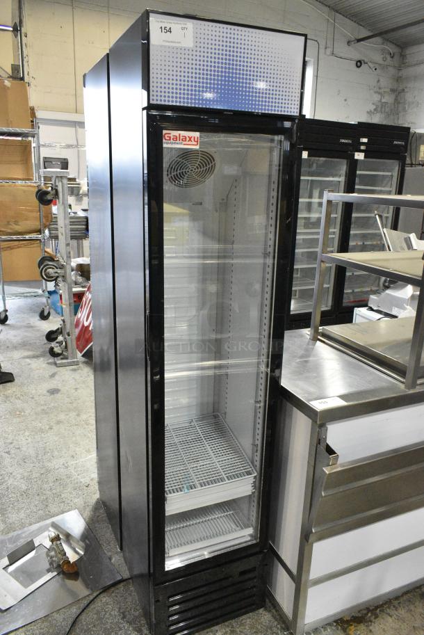 BRAND NEW SCRATCH AND DENT! Galaxy 177GDN5RBB Metal Commercial Single Door Reach In Cooler Merchandiser w/ Poly Coated Racks and Red, White, and Blue LED Lighting. 110-120 Volts, 1 Phase. Tested and Working! - Image 1 of 4