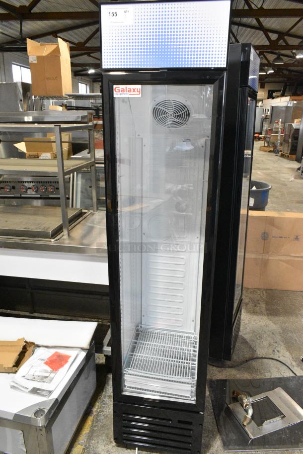 BRAND NEW SCRATCH AND DENT! Galaxy 177GDN5RBB Metal Commercial Single Door Reach In Cooler Merchandiser w/ Poly Coated Racks and Red, White, and Blue LED Lighting. 110-120 Volts, 1 Phase. Tested and Working! - Image 1 of 4