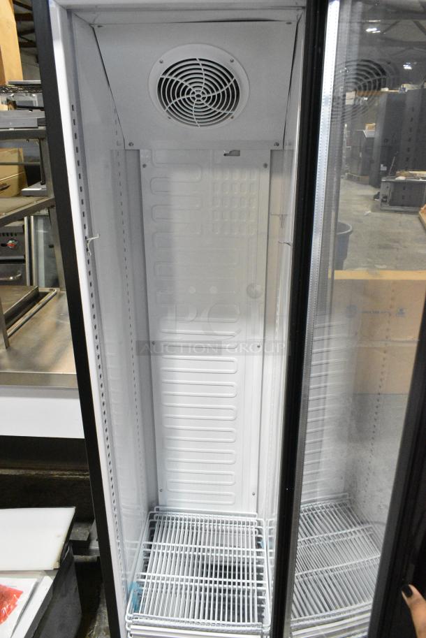 BRAND NEW SCRATCH AND DENT! Galaxy 177GDN5RBB Metal Commercial Single Door Reach In Cooler Merchandiser w/ Poly Coated Racks and Red, White, and Blue LED Lighting. 110-120 Volts, 1 Phase. Tested and Working! - Image 3 of 4