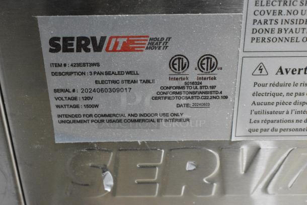 BRAND NEW SCRATCH AND DENT! 2024 ServIt 423EST3WS Stainless Steel Commercial Three Pan Sealed Well Electric Steam Table with Adjustable Undershelf. 120 Volts, 1 Phase. Tested and Working! - Image 8 of 8