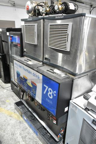 Two 2019 Scotsman C0522MA-1E Stainless Steel Commercial Ice Machine Head on Lancer Carbonated Beverage Machine w/ McCann's Econo Booster and 2 McCann's Motors. 115 Volts, 1 Phase.