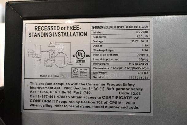 Black & Decker BCD33B  Mini Cooler w/ Freezer. 115 Volts, 1 Phase. Tested and Powers On But Does Not Get Cold - Image 7 of 7