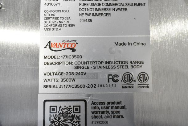 BRAND NEW SCRATCH AND DENT! 2024 Avantco 177IC3500 Stainless Steel Comercial Countertop Induction Range / Cooker. 208-240 Volts, 1 Phase. - Image 5 of 5