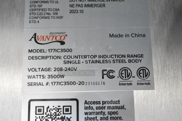 BRAND NEW SCRATCH AND DENT! 2023 Avantco 177IC3500 Stainless Steel Commercial Countertop Induction Range / Cooker. 208-240 Volts, 1 Phase. - Image 6 of 6