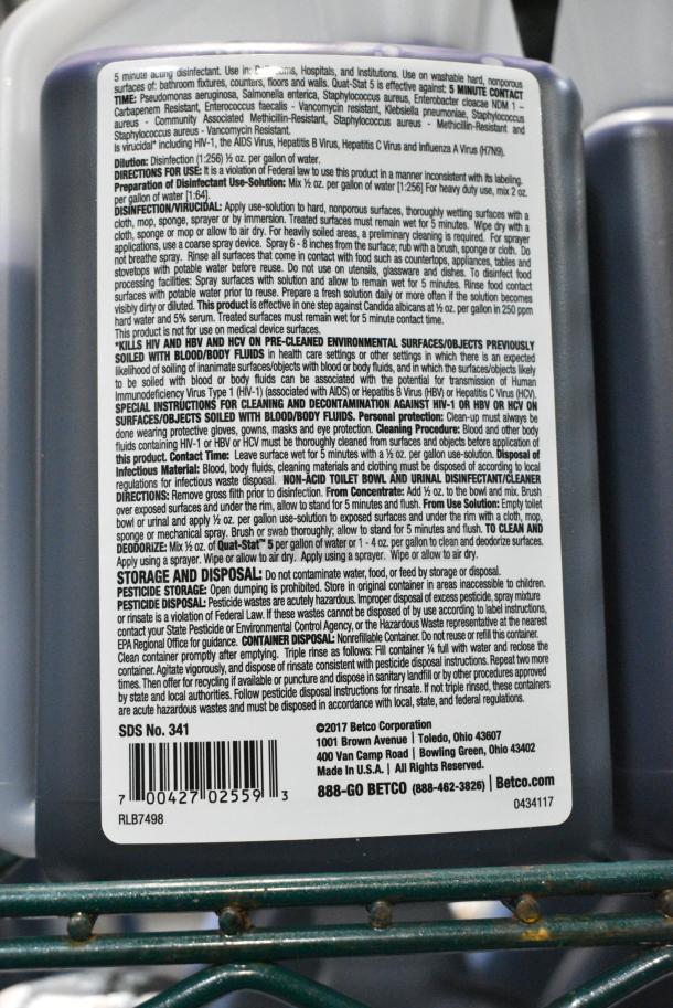 40 BRAND NEW SCRATCH AND DENT! Betco Quat-Stat 5 One Step Disinfectant Virucide Cleaner Jugs. 40 Times Your Bid! - Image 3 of 3