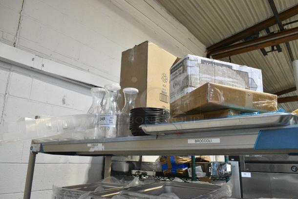 ALL ONE MONEY! Tier Lot of Various Items Including Poly Carafes, Poly Food Baskets, Metal Baking Pan, 267350002 Acopa Saxton 6 5/16" 18/0 Stainless Steel Heavy Weight Bouillon Spoon - 12/Case, 347STB3WH Visions White Square Plastic Mini Bowl 2.5 oz. - 200/Case, 233406701222 Bunn 40670.1222 Replacement 17 Hole Sprayhead for Coffee Brewers, BM407FULL12GO Baker's Lane Full Size NSF 12 Gauge 18" x 26" Open Bead / Semi-Curled Rim Aluminum Bun / Sheet Pan - Image 1 of 16