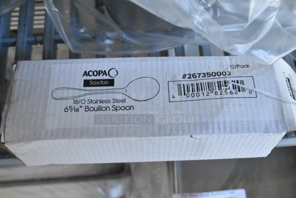 ALL ONE MONEY! Tier Lot of Various Items Including Poly Carafes, Poly Food Baskets, Metal Baking Pan, 267350002 Acopa Saxton 6 5/16" 18/0 Stainless Steel Heavy Weight Bouillon Spoon - 12/Case, 347STB3WH Visions White Square Plastic Mini Bowl 2.5 oz. - 200/Case, 233406701222 Bunn 40670.1222 Replacement 17 Hole Sprayhead for Coffee Brewers, BM407FULL12GO Baker's Lane Full Size NSF 12 Gauge 18" x 26" Open Bead / Semi-Curled Rim Aluminum Bun / Sheet Pan - Image 5 of 16