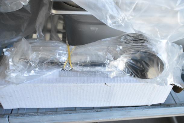 ALL ONE MONEY! Tier Lot of Various Items Including Poly Carafes, Poly Food Baskets, Metal Baking Pan, 267350002 Acopa Saxton 6 5/16" 18/0 Stainless Steel Heavy Weight Bouillon Spoon - 12/Case, 347STB3WH Visions White Square Plastic Mini Bowl 2.5 oz. - 200/Case, 233406701222 Bunn 40670.1222 Replacement 17 Hole Sprayhead for Coffee Brewers, BM407FULL12GO Baker's Lane Full Size NSF 12 Gauge 18" x 26" Open Bead / Semi-Curled Rim Aluminum Bun / Sheet Pan - Image 6 of 16