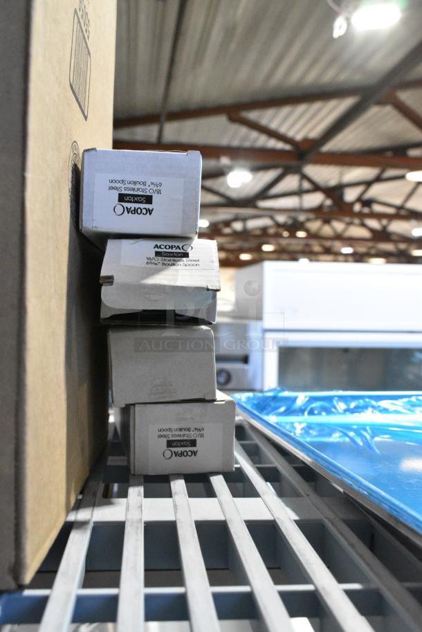 ALL ONE MONEY! Tier Lot of Various Items Including Poly Carafes, Poly Food Baskets, Metal Baking Pan, 267350002 Acopa Saxton 6 5/16" 18/0 Stainless Steel Heavy Weight Bouillon Spoon - 12/Case, 347STB3WH Visions White Square Plastic Mini Bowl 2.5 oz. - 200/Case, 233406701222 Bunn 40670.1222 Replacement 17 Hole Sprayhead for Coffee Brewers, BM407FULL12GO Baker's Lane Full Size NSF 12 Gauge 18" x 26" Open Bead / Semi-Curled Rim Aluminum Bun / Sheet Pan - Image 7 of 16