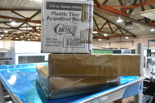 ALL ONE MONEY! Tier Lot of Various Items Including Poly Carafes, Poly Food Baskets, Metal Baking Pan, 267350002 Acopa Saxton 6 5/16" 18/0 Stainless Steel Heavy Weight Bouillon Spoon - 12/Case, 347STB3WH Visions White Square Plastic Mini Bowl 2.5 oz. - 200/Case, 233406701222 Bunn 40670.1222 Replacement 17 Hole Sprayhead for Coffee Brewers, BM407FULL12GO Baker's Lane Full Size NSF 12 Gauge 18" x 26" Open Bead / Semi-Curled Rim Aluminum Bun / Sheet Pan - Image 8 of 16