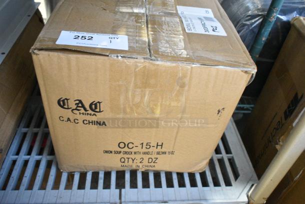 BRAND NEW SCRATCH AND DENT! Box of 24 303FRC15BR CAC OC-15-H Brown 15 oz. Onion Soup Crock / Bowl with Handle - Image 2 of 4