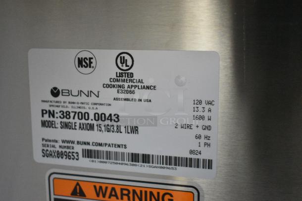 BRAND NEW SCRATCH AND DENT! 2024 Bunn SINGLE AXIOM 15 38700.0043 Stainless Steel Commercial Countertop Single 1 Gallon Coffee Brewer with Portable Server. 120 Volts, 1 Phase. - Image 11 of 11