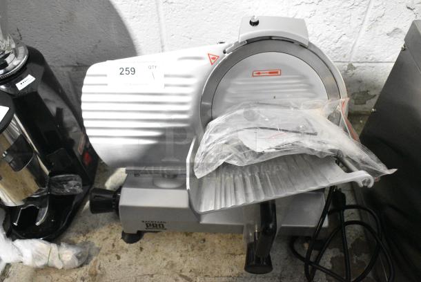 BRAND NEW SCRATCH AND DENT! 2024 Backyard Pro 554SL110E Butcher Series 10" Manual Gravity Feed Meat Slicer w/ Blade Sharpener. 120 Volts, 1 Phase. Tested and Working! - Image 1 of 6