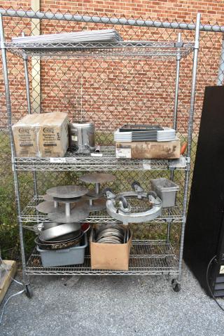 Chrome Finish 5 Tier Wire Shelving Unit w/ Contents Including 2 Box 176TDN7 Choice Stackable Candy / Topping Dispenser with Notch - 11" x 4" x 7", Server SBW Stainless Steel Warmer, Vollrath 52424 Dish Box Cover, Metal Mixing Bowl Dolly, Metal Pans. BUYER MUST DISMANTLE. PCI CANNOT DISMANTLE FOR SHIPPING. PLEASE CONSIDER FREIGHT CHARGES.