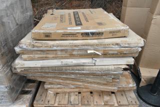 14 BRAND NEW SCRATCH AND DENT! Items Including 3492430ANTGY Lancaster Table &amp; Seating Industrial 24" x 30" Solid Wood Live Edge Table Top with Slate Gray Finish, 9 36x36 Dark Mahogany Tabletop. May Be Missing Pieces. 14 Times Your Bid!