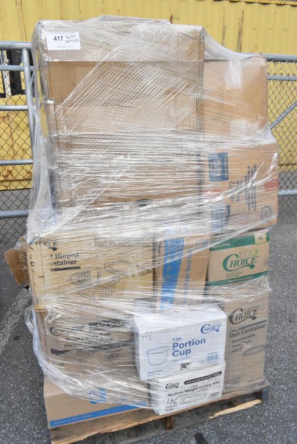 32 BRAND NEW! Boxes Including 127P100C Choice 1 oz. Clear Plastic Souffle Cup / Portion Cup - 2500/Case, 346WSNSM Choice Medium Weight White Wrapped Polypropylene Plastic Spork, Straw, and Napkin Kit - 1000/Case, 127RD16BULK Choice 16 oz. Customizable Microwavable Translucent Round Deli Container - 500/Case, 2 Box Southland Food Trays, 129MCS12B Choice 12 oz. Black 6" x 4 3/4" x 1 3/4" Rectangular Microwavable Heavy Weight Container with Lid - 150/Case, 612OB4LB Choice 4 lb. Oblong Foil Take-Out Container - 250/Case. 32 Times Your Bid! - Image 1 of 15