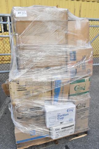 32 BRAND NEW! Boxes Including 127P100C Choice 1 oz. Clear Plastic Souffle Cup / Portion Cup - 2500/Case, 346WSNSM Choice Medium Weight White Wrapped Polypropylene Plastic Spork, Straw, and Napkin Kit - 1000/Case, 127RD16BULK Choice 16 oz. Customizable Microwavable Translucent Round Deli Container - 500/Case, 2 Box Southland Food Trays, 129MCS12B Choice 12 oz. Black 6" x 4 3/4" x 1 3/4" Rectangular Microwavable Heavy Weight Container with Lid - 150/Case, 612OB4LB Choice 4 lb. Oblong Foil Take-Out Container - 250/Case. 32 Times Your Bid!