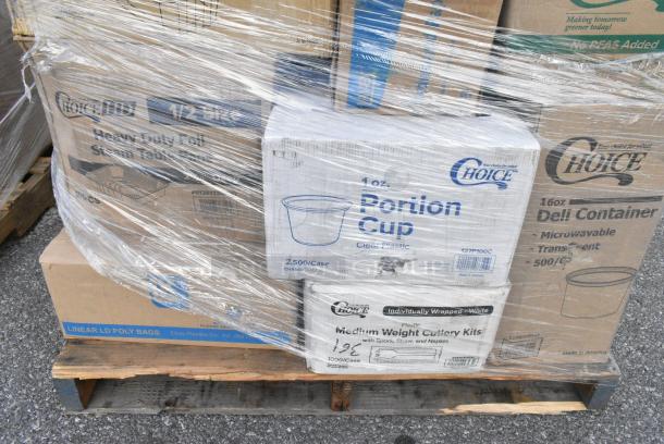 32 BRAND NEW! Boxes Including 127P100C Choice 1 oz. Clear Plastic Souffle Cup / Portion Cup - 2500/Case, 346WSNSM Choice Medium Weight White Wrapped Polypropylene Plastic Spork, Straw, and Napkin Kit - 1000/Case, 127RD16BULK Choice 16 oz. Customizable Microwavable Translucent Round Deli Container - 500/Case, 2 Box Southland Food Trays, 129MCS12B Choice 12 oz. Black 6" x 4 3/4" x 1 3/4" Rectangular Microwavable Heavy Weight Container with Lid - 150/Case, 612OB4LB Choice 4 lb. Oblong Foil Take-Out Container - 250/Case. 32 Times Your Bid! - Image 2 of 15