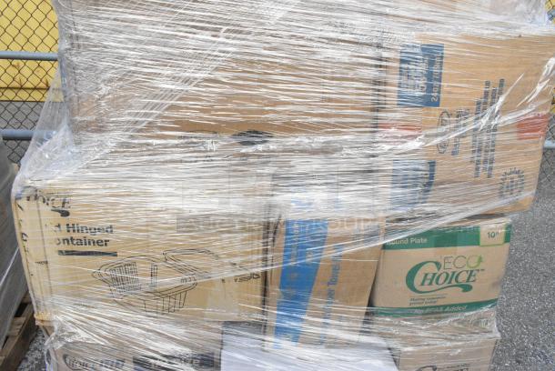 32 BRAND NEW! Boxes Including 127P100C Choice 1 oz. Clear Plastic Souffle Cup / Portion Cup - 2500/Case, 346WSNSM Choice Medium Weight White Wrapped Polypropylene Plastic Spork, Straw, and Napkin Kit - 1000/Case, 127RD16BULK Choice 16 oz. Customizable Microwavable Translucent Round Deli Container - 500/Case, 2 Box Southland Food Trays, 129MCS12B Choice 12 oz. Black 6" x 4 3/4" x 1 3/4" Rectangular Microwavable Heavy Weight Container with Lid - 150/Case, 612OB4LB Choice 4 lb. Oblong Foil Take-Out Container - 250/Case. 32 Times Your Bid! - Image 3 of 15