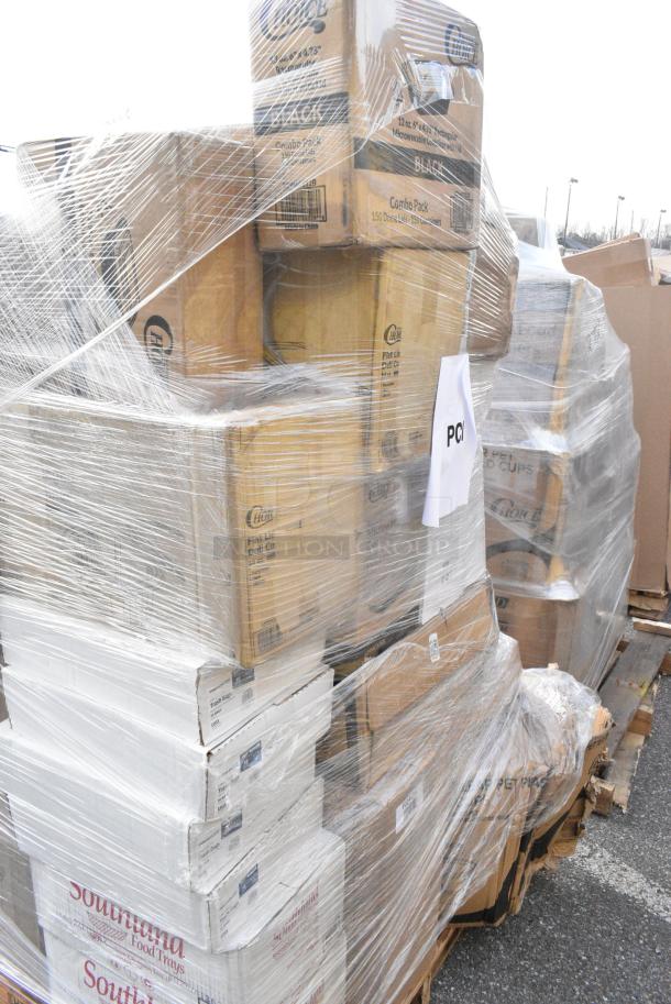 32 BRAND NEW! Boxes Including 127P100C Choice 1 oz. Clear Plastic Souffle Cup / Portion Cup - 2500/Case, 346WSNSM Choice Medium Weight White Wrapped Polypropylene Plastic Spork, Straw, and Napkin Kit - 1000/Case, 127RD16BULK Choice 16 oz. Customizable Microwavable Translucent Round Deli Container - 500/Case, 2 Box Southland Food Trays, 129MCS12B Choice 12 oz. Black 6" x 4 3/4" x 1 3/4" Rectangular Microwavable Heavy Weight Container with Lid - 150/Case, 612OB4LB Choice 4 lb. Oblong Foil Take-Out Container - 250/Case. 32 Times Your Bid! - Image 9 of 15